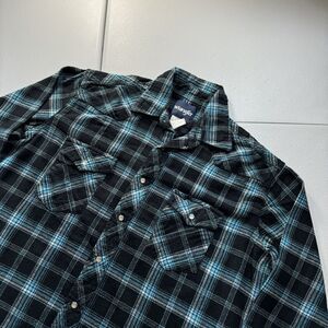 Vintage Wrangler Pearl Snap Shirt Men’s L Tall Blue Plaid Brushpopper Western